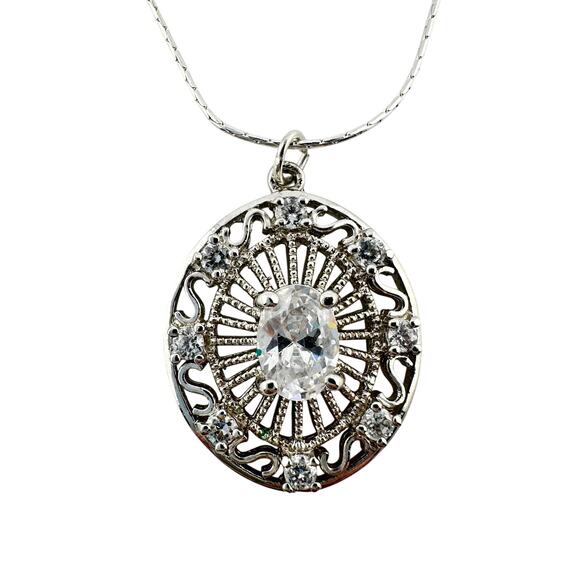 925 Sterling Silver Cubic Zirconia Art Deco Style Ornate Pendant 18" Necklace - Picture 1 of 10